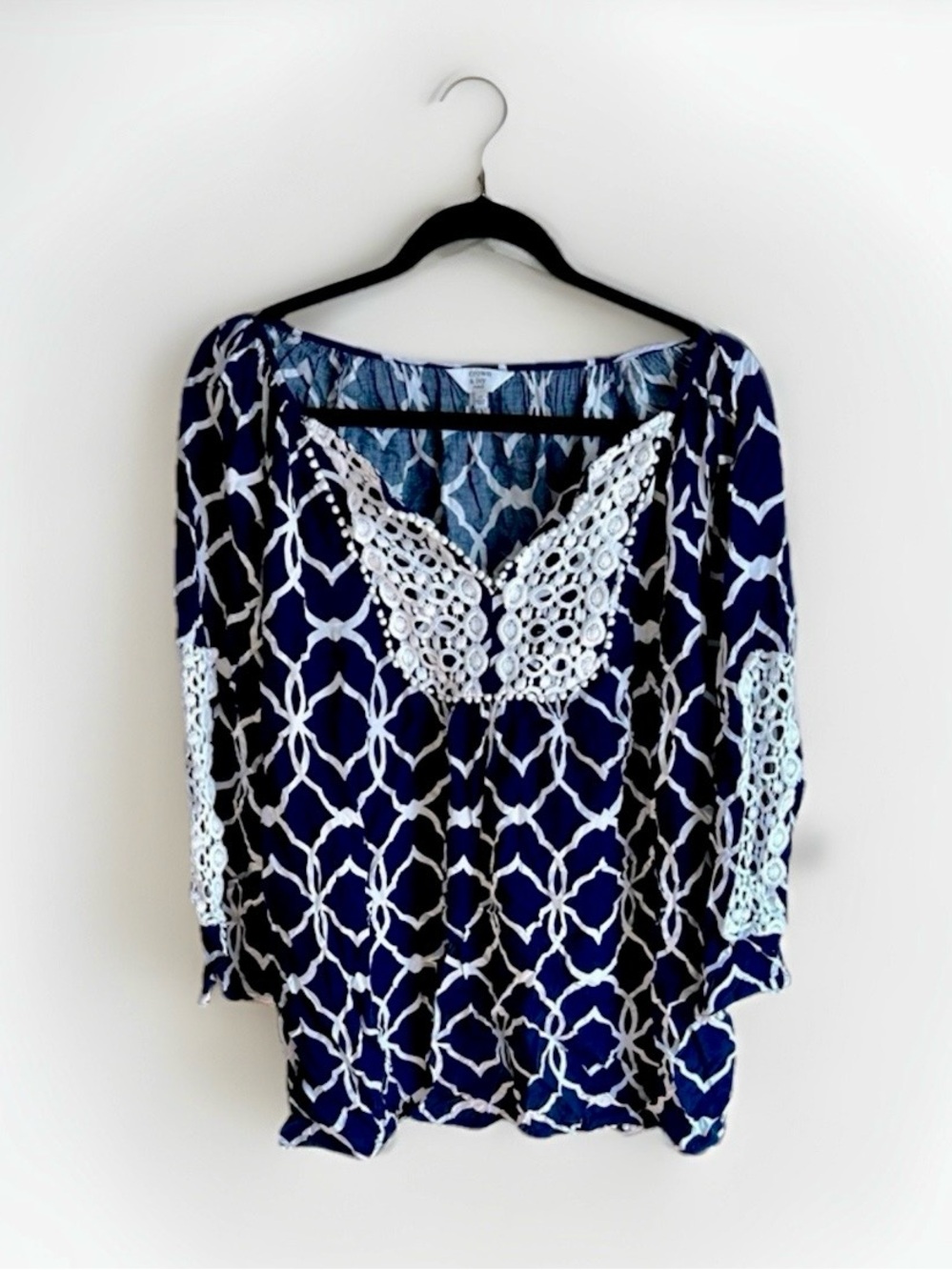 Crown & Ivy Navy Blouse Geometric Tile Print Blouse